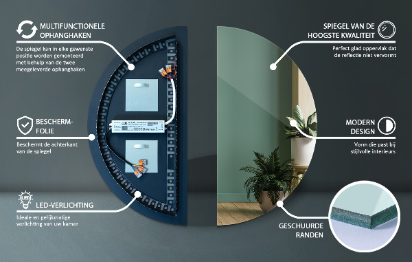 Espelho semicircular com iluminação led 45x90 cm
