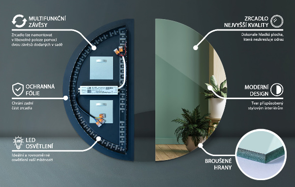 Espelho semicircular led para parede 50x100 cm