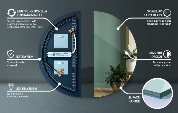 Espelho semicircular led para parede 50x100 cm