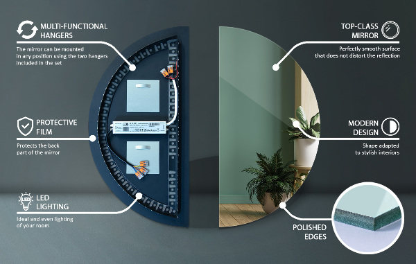 Espelho semicircular led para parede 50x100 cm