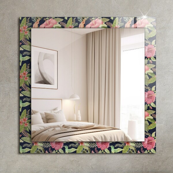 Espelho decorativo com tema de flores e pássaros