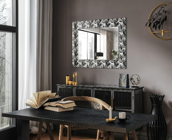 Espelho decorativo com estampa de folhas pretas e brancas