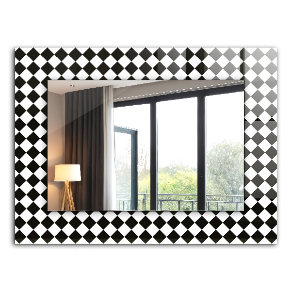 Espelho decorativo com estampa de tabuleiro de xadrez em preto e branco