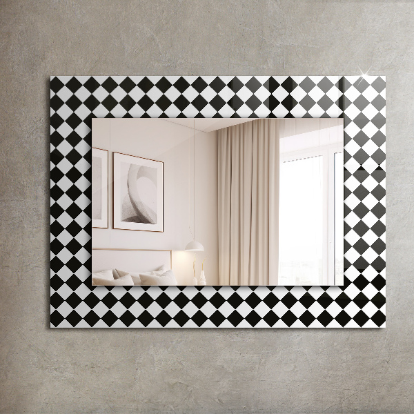 Espelho decorativo com estampa de tabuleiro de xadrez em preto e branco