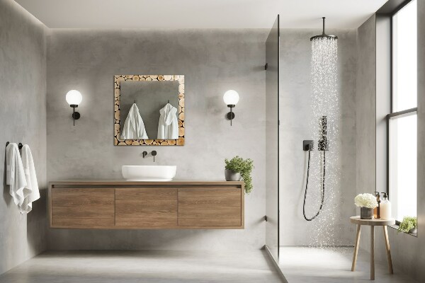 Espelho com moldura decorada com textura de tronco de árvore