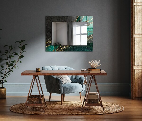 Espelho decorativo com motivos artísticos abstratos em tons de verde