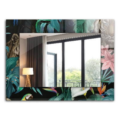 Espelho decorativo com estampa de papagaios e tigre na selva
