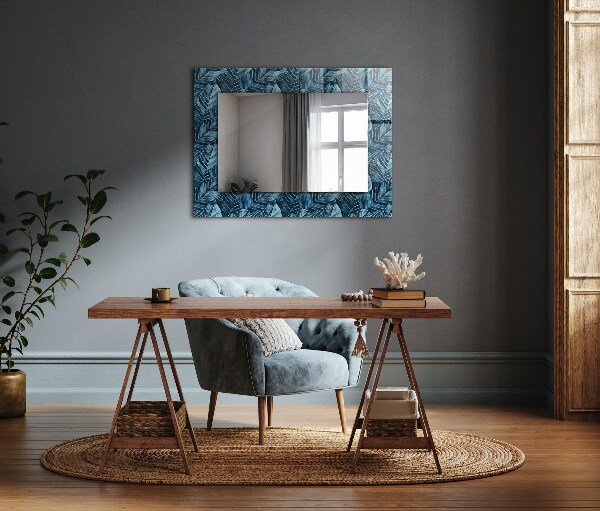Espelho decorativo com estampas de folhas azuis