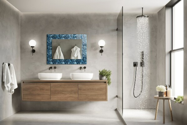 Espelho decorativo com estampas de folhas azuis