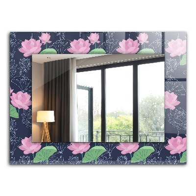 Espelho com moldura decorada com flores de lótus na cor rosa