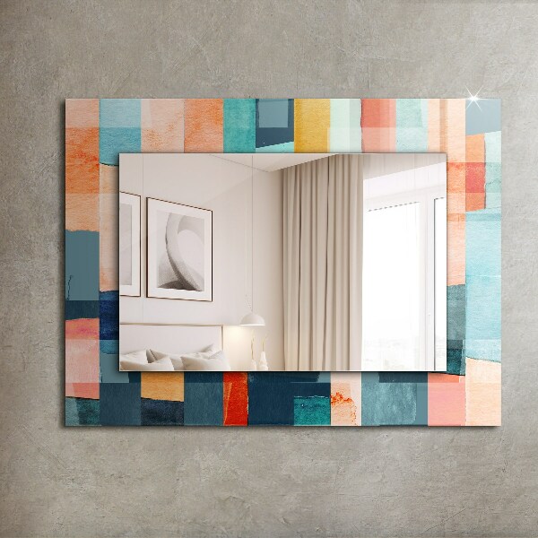 Espelho com moldura decorada com retângulos abstratos coloridos