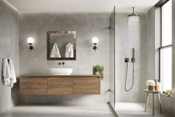 Espelho com moldura decorada com linhas diagonais em osso
