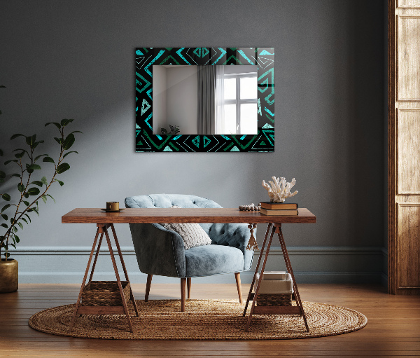 Espelho decorativo com motivos geométricos em turquesa