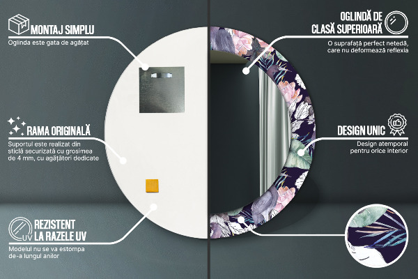 Espelho com moldura impressa redondo Garças