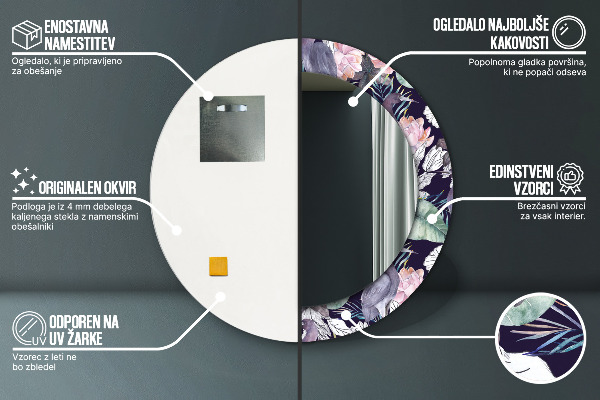 Espelho com moldura impressa redondo Garças