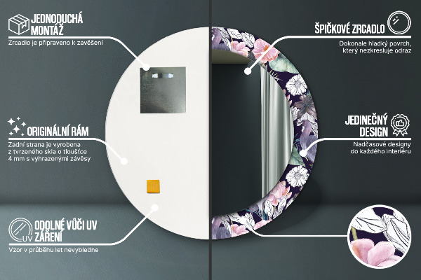 Espelho com moldura impressa redondo Garças