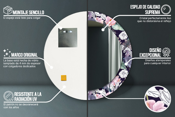 Espelho com moldura impressa redondo Garças