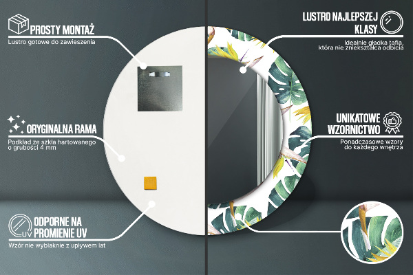 Espelho com moldura impressa redondo Folhas tropicais