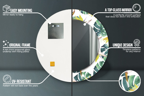 Espelho com moldura impressa redondo Folhas tropicais