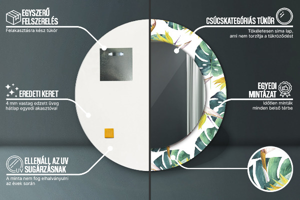 Espelho com moldura impressa redondo Folhas tropicais