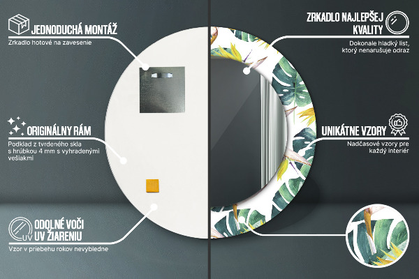 Espelho com moldura impressa redondo Folhas tropicais