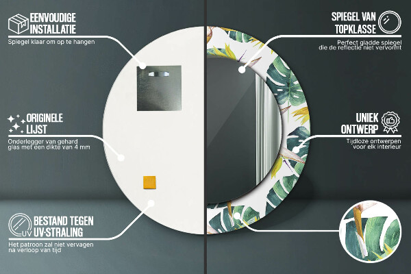 Espelho com moldura impressa redondo Folhas tropicais