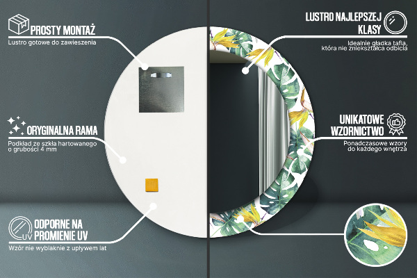 Espelho com moldura impressa redondo Folhas tropicais