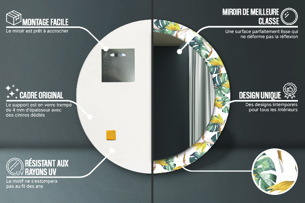 Espelho com moldura impressa redondo Folhas tropicais