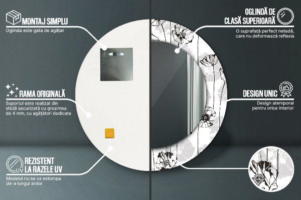 Espelho circular de parede decorativo Flores de papoila