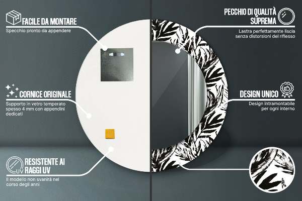 Espelho com moldura impressa redondo Monstera