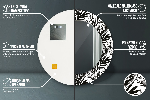 Espelho com moldura impressa redondo Monstera