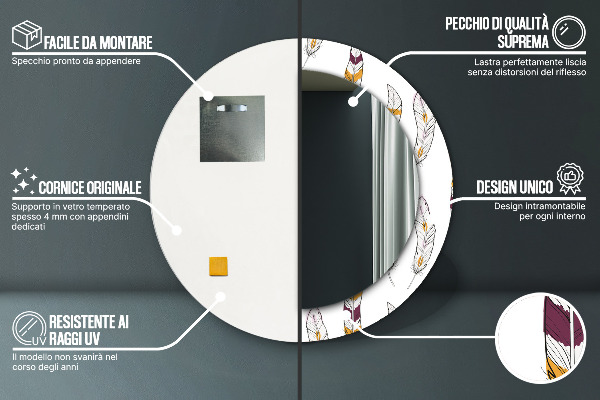 Espelho com moldura impressa redondo Penas