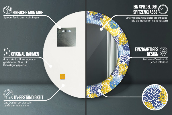 Espelho com moldura impressa redondo Flores azuis