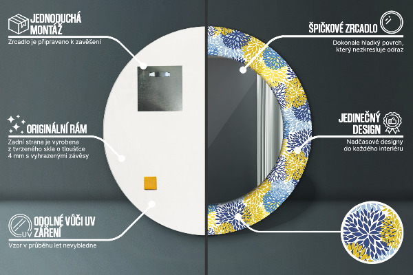 Espelho com moldura impressa redondo Flores azuis