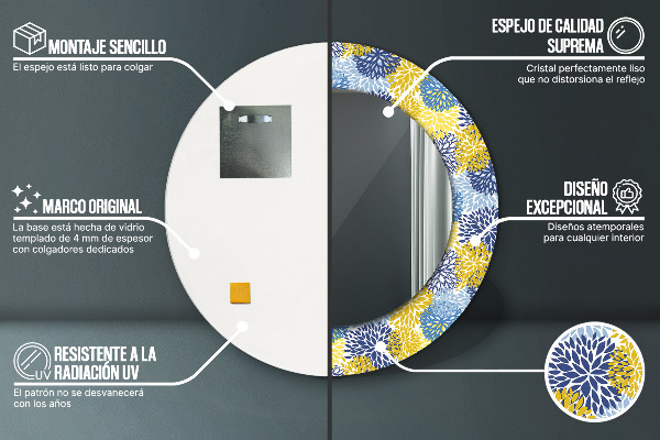 Espelho com moldura impressa redondo Flores azuis