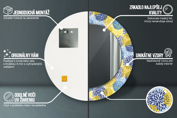 Espelho com moldura impressa redondo Flores azuis