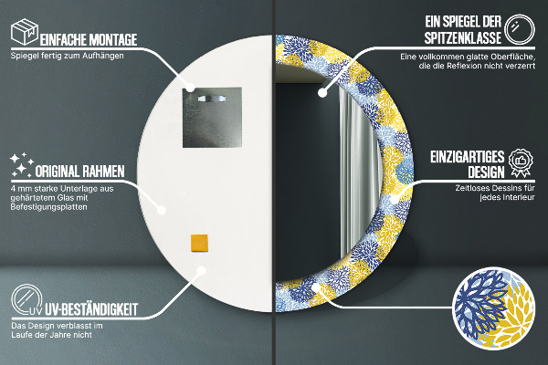 Espelho com moldura impressa redondo Flores azuis