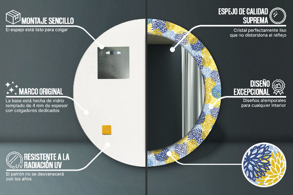 Espelho com moldura impressa redondo Flores azuis