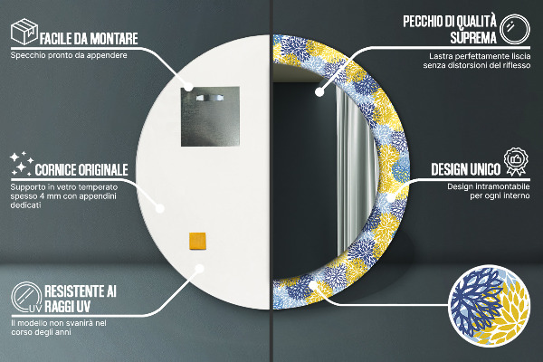 Espelho com moldura impressa redondo Flores azuis