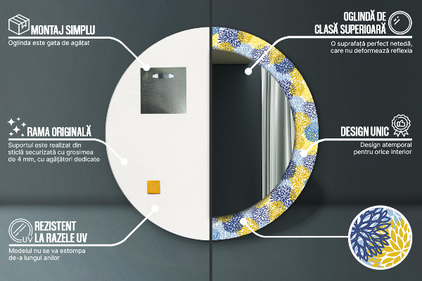 Espelho com moldura impressa redondo Flores azuis