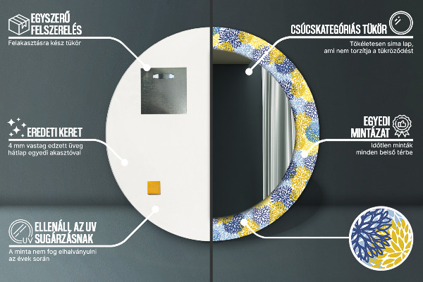 Espelho com moldura impressa redondo Flores azuis