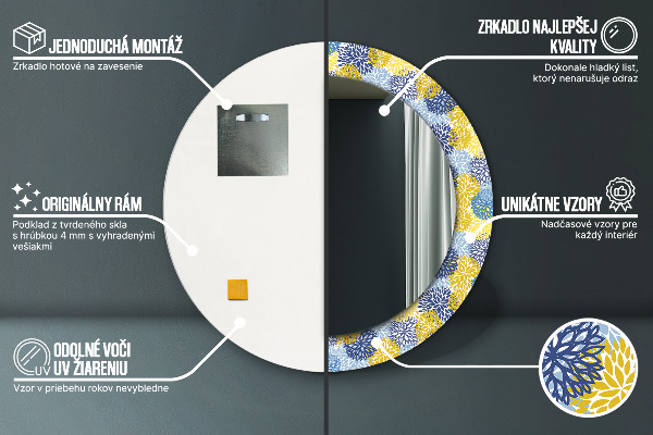 Espelho com moldura impressa redondo Flores azuis