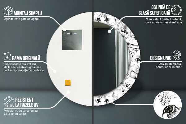 Espelho com moldura impressa redondo Gatos de estimação