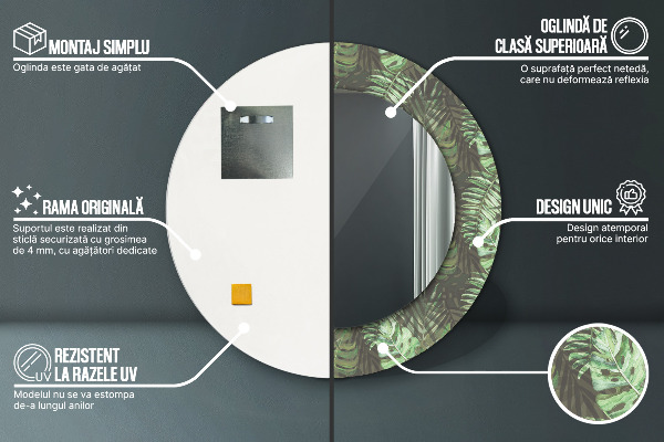 Espelho com moldura impressa redondo Folhas tropicais