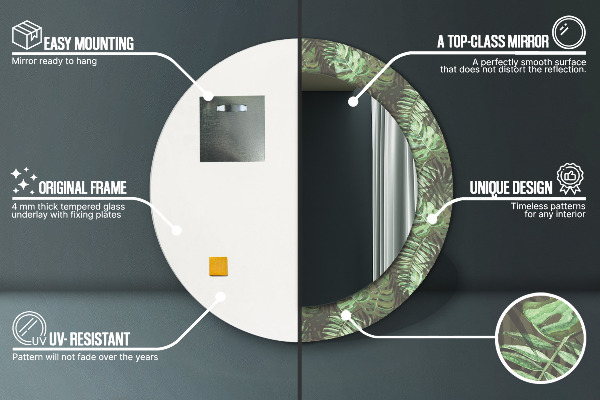 Espelho com moldura impressa redondo Folhas tropicais