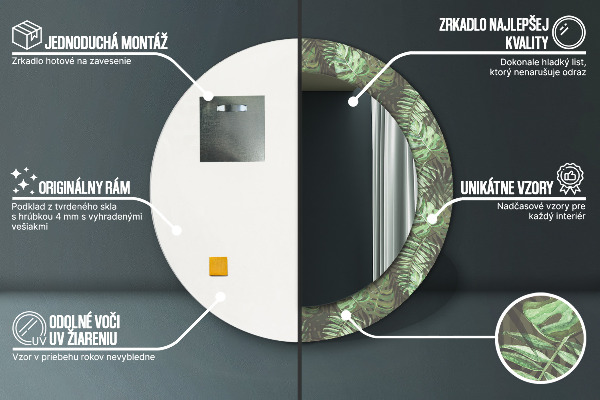 Espelho com moldura impressa redondo Folhas tropicais