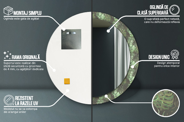 Espelho com moldura impressa redondo Folhas tropicais