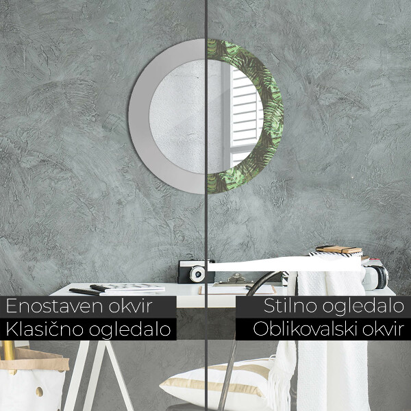 Espelho com moldura impressa redondo Folhas tropicais