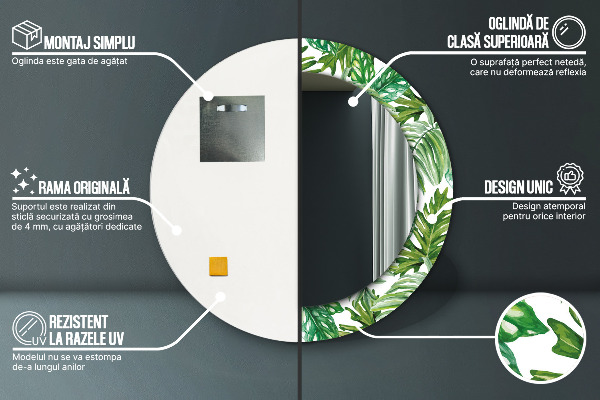 Espelho com moldura impressa redonda Folhas da selva