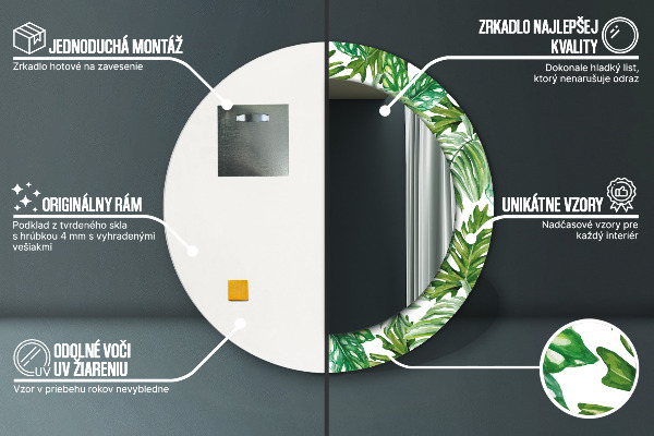 Espelho com moldura impressa redonda Folhas da selva